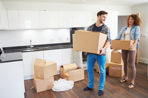 Packed office boxes ready for relocation in Docklands