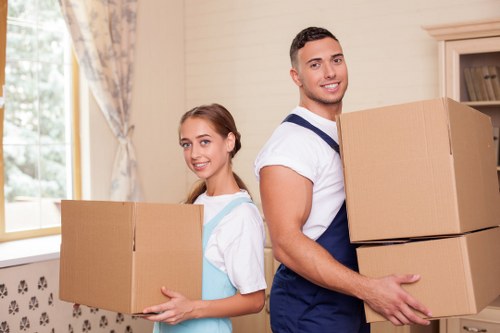 Packed office items and furniture ready for a Docklands business move
